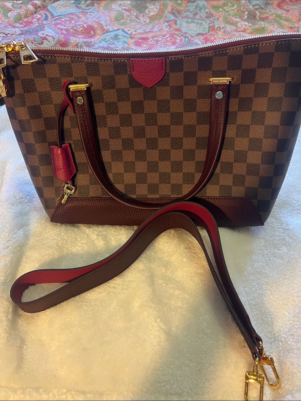 Louis Vuitton Brown Damier Tote with Burgundy Trim and Gold Hardware